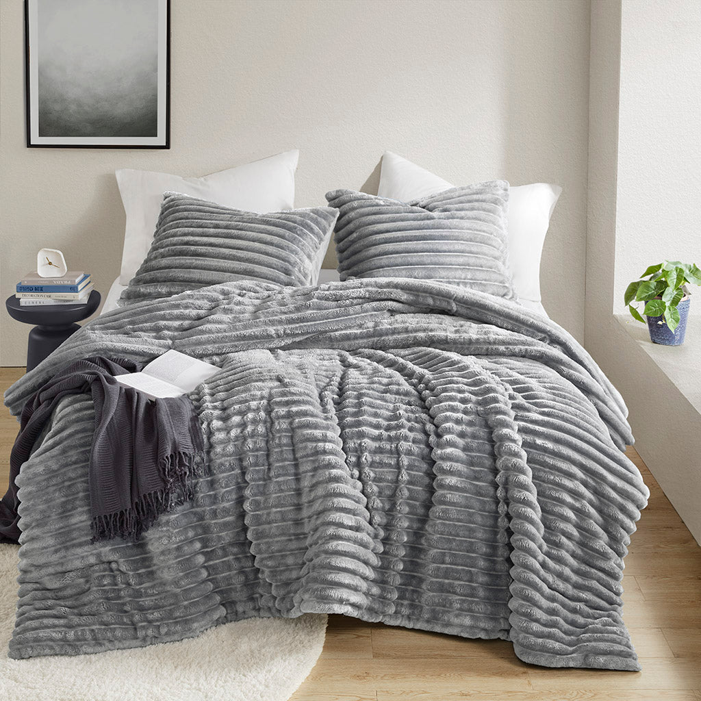 Avril Fluffy Ribbed Plush Comforter Set - Gray