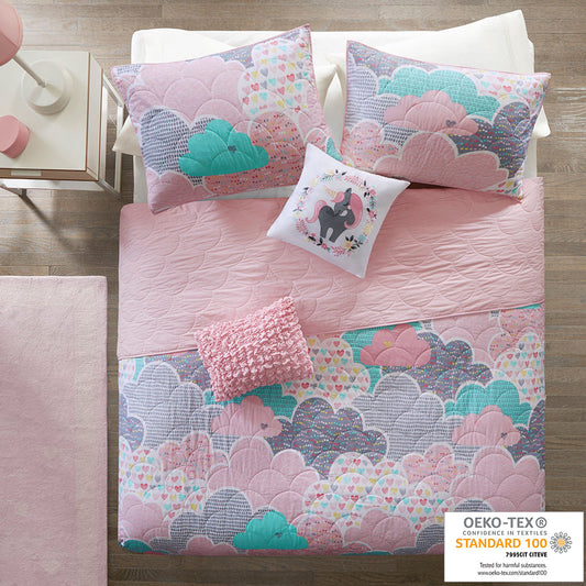 Cloud  Reversible Cotton Quilt Set with Throw Pillows - Pink