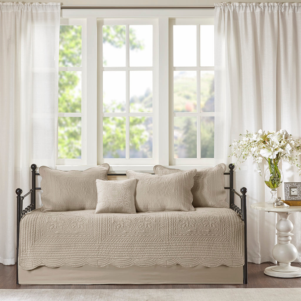 Tuscany 6 Piece Reversible Scalloped Edge Daybed Cover Set - Khaki