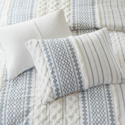 Imani Cotton Printed Duvet Cover Set with Chenille - White/Navy