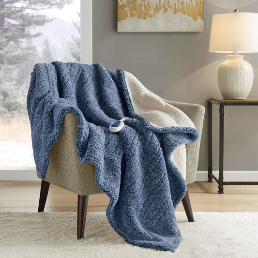 Marbled Sherpa Heated Throw - Blue