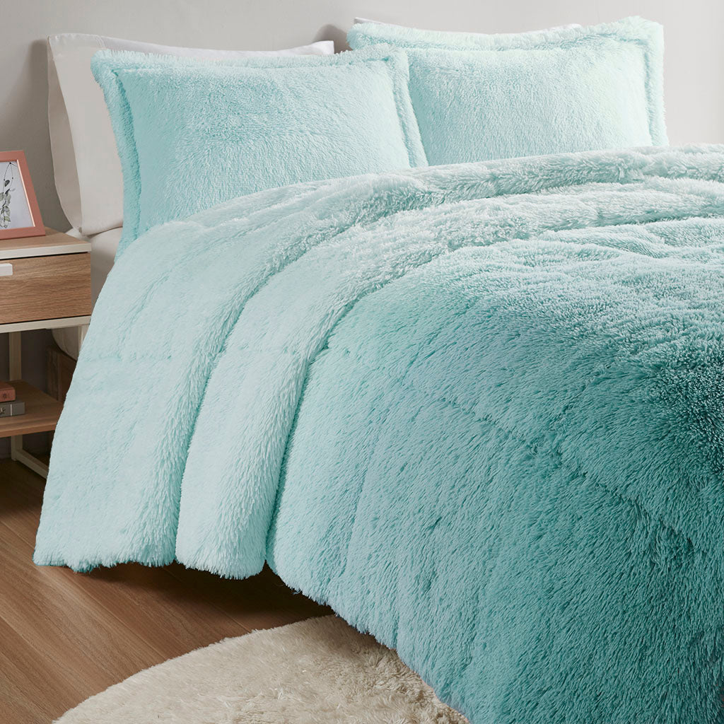 Brielle Ombre Shaggy Long Fur Comforter Mini Set - Aqua