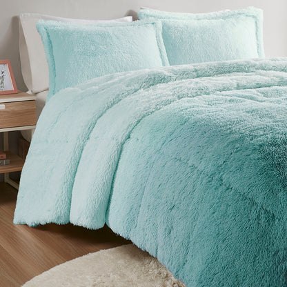 Brielle Ombre Shaggy Long Fur Comforter Mini Set - Aqua