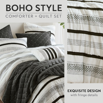 Carolina 7 Piece Stripe Comforter and Quilt Set - Black