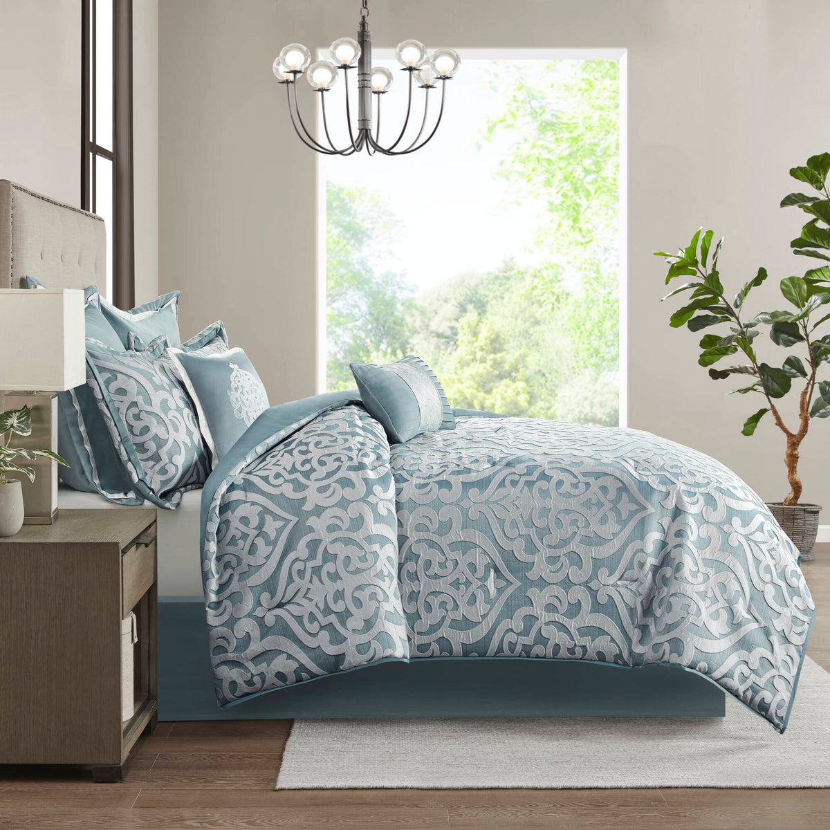 Odette 8 Piece Jacquard Comforter Set - Aqua/Silver
