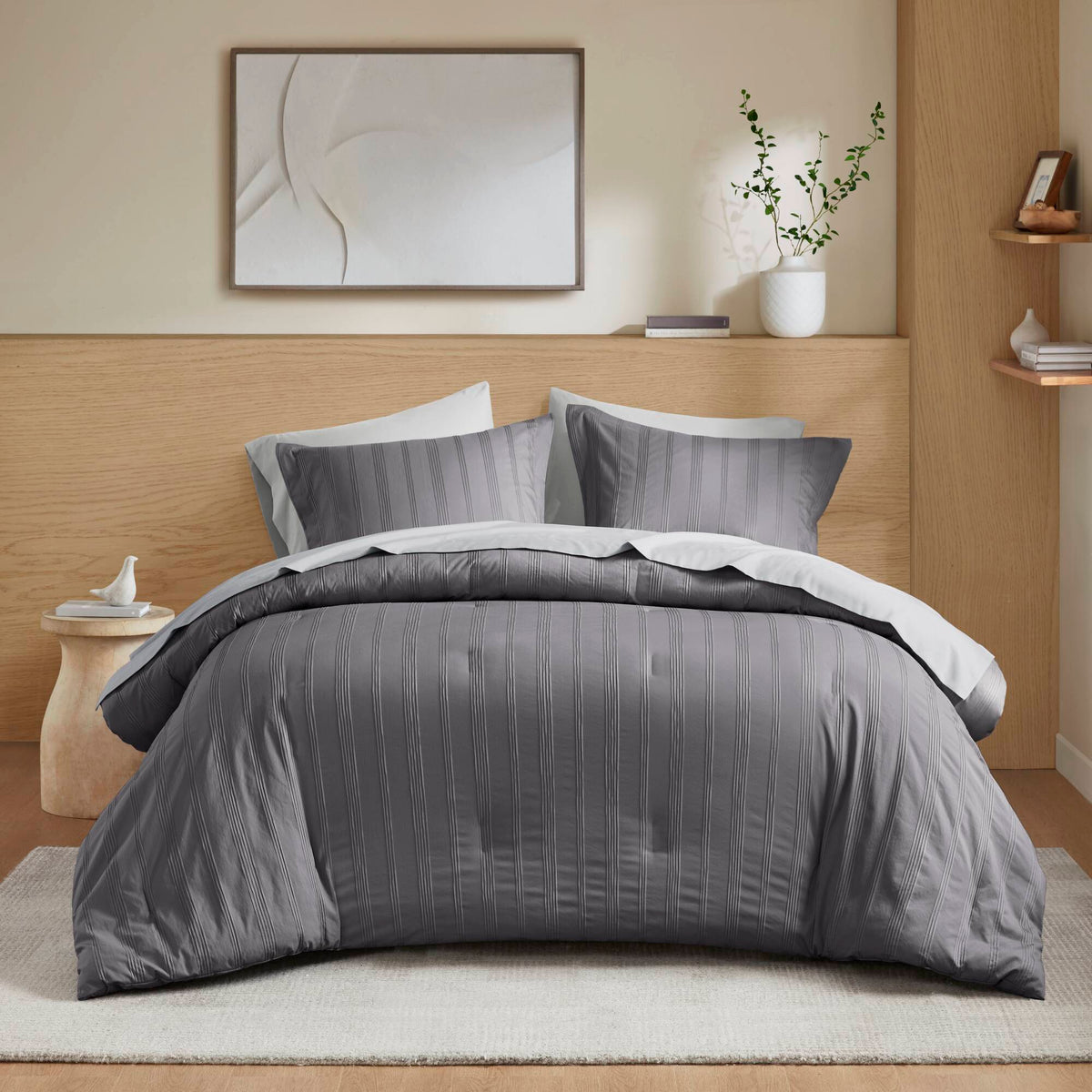 Logan Striped Reversible Pintuck Pleated Comforter Set - Charcoal