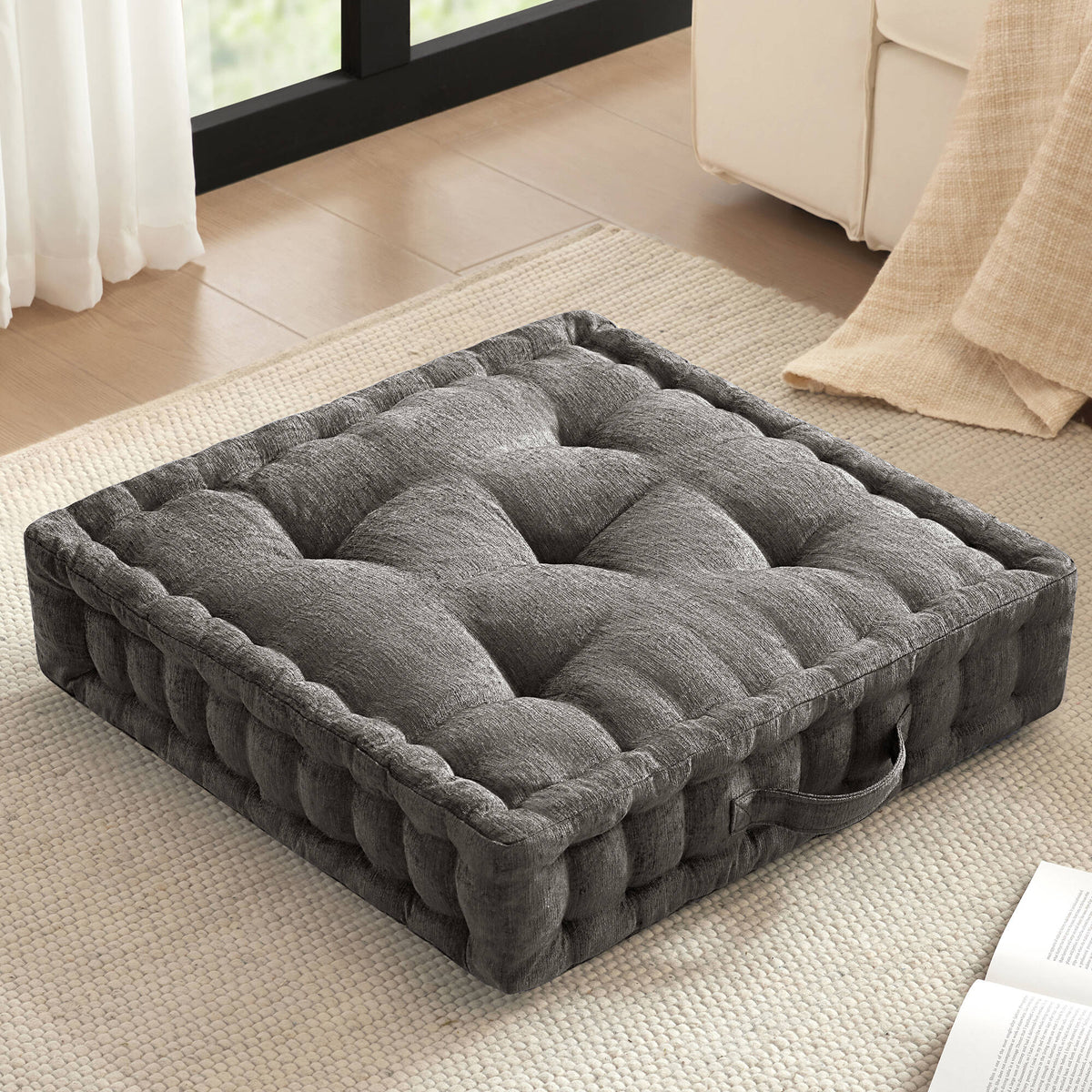 Azza Poly Chenille Square Floor Pillow Cushion - Charcoal