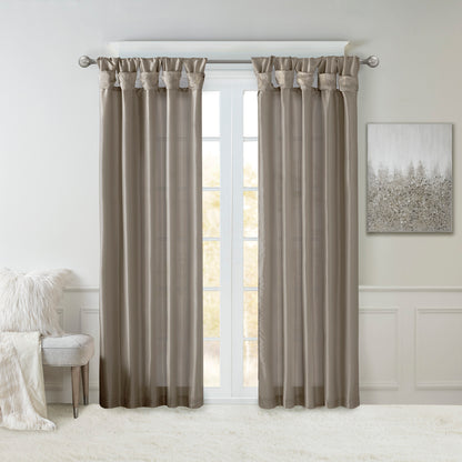 Emilia 100% Polyester Solid Faux Silk Lined Twist Tab Window Curtain - Pewter
