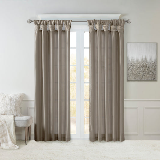 Emilia 100% Polyester Solid Faux Silk Lined Twist Tab Window Curtain - Pewter