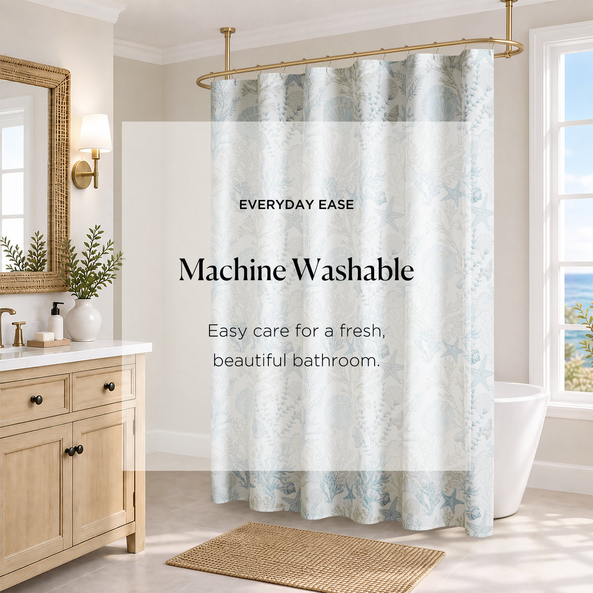 Sea Meadow Coastal Cotton Printed Shower Curtain - Blue
