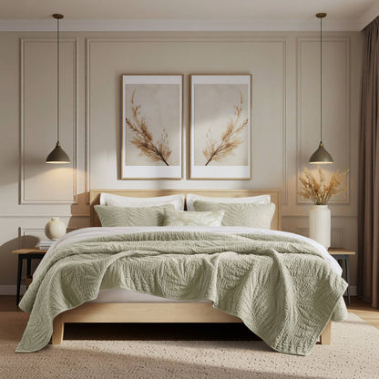 Botanical Leaves 3 Piece Cotton Quilt Set - Sage