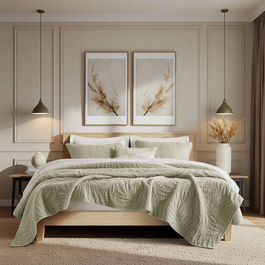 Botanical Leaves 3 Piece Cotton Quilt Set - Sage