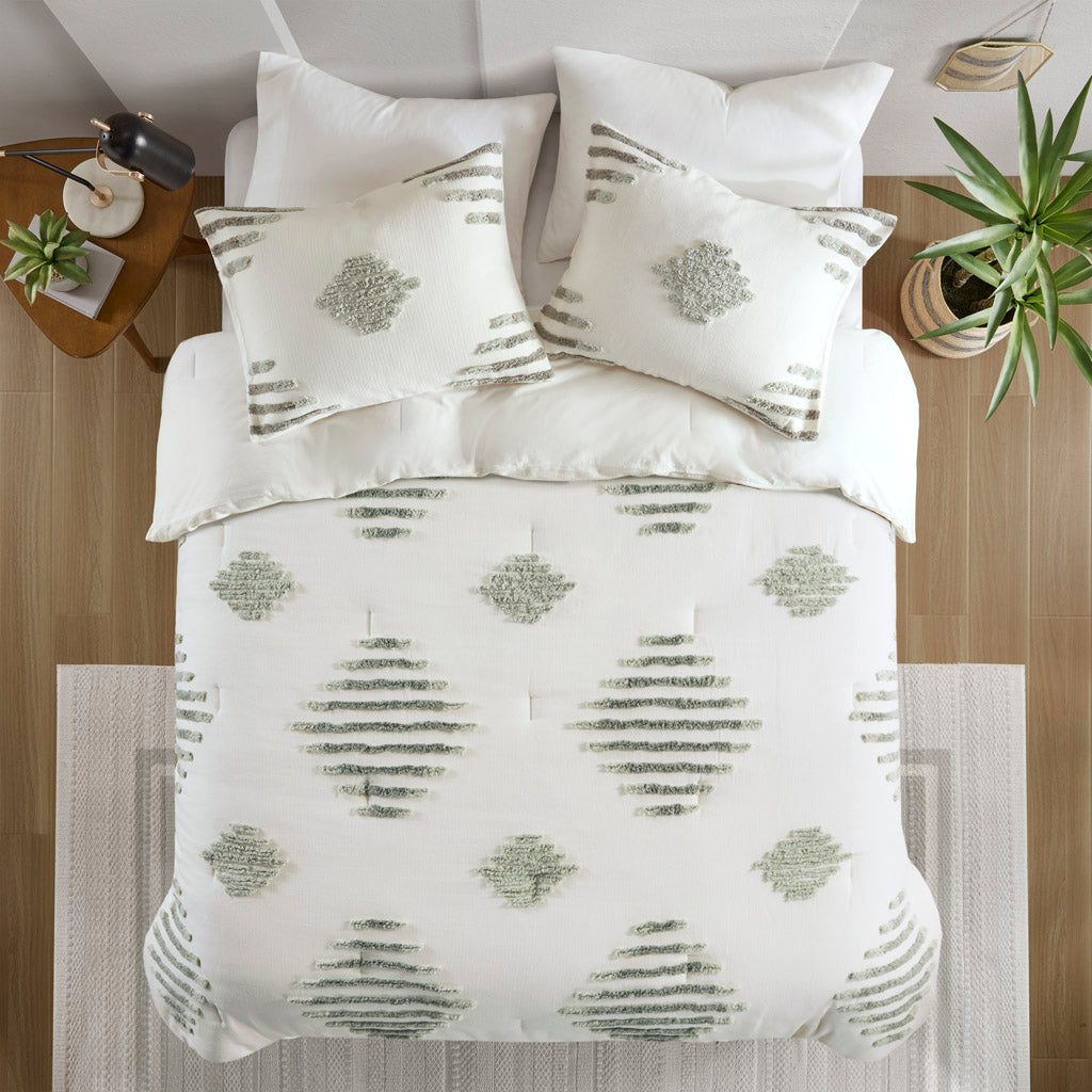 Tahli 3 Piece Cotton Blend Chenille Comforter Set - Green/Ivory