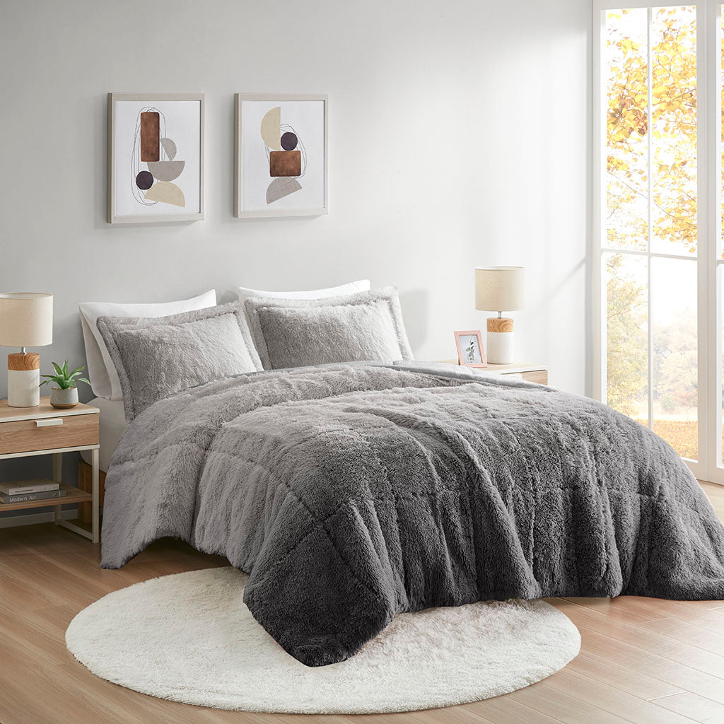 Brielle Ombre Shaggy Long Fur Comforter Mini Set - Grey