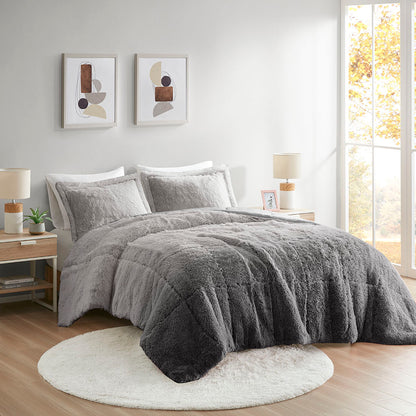 Brielle Ombre Shaggy Long Fur Comforter Mini Set - Grey