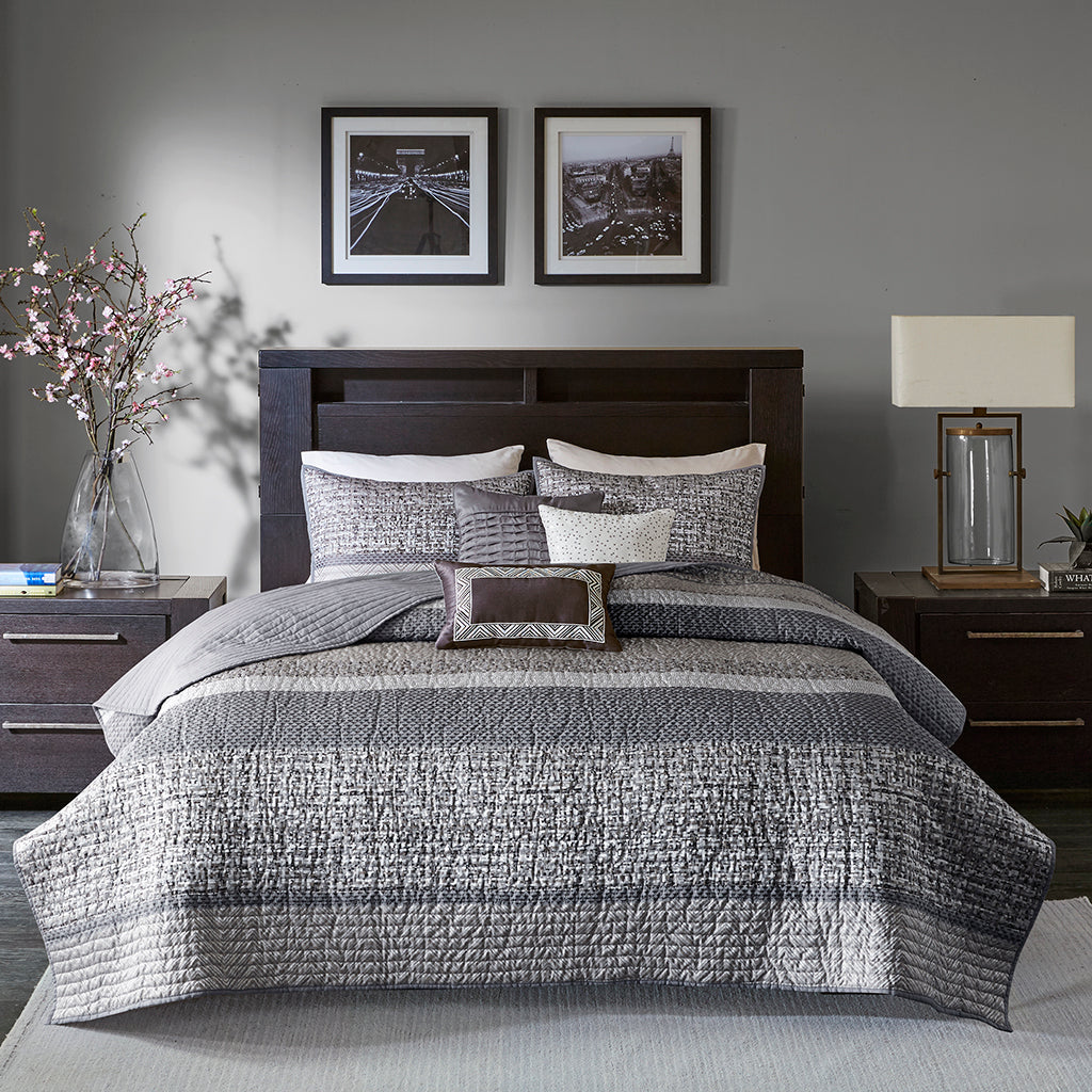 Rhapsody 6 Piece Reversible Jacquard Quilt Set with Throw Pillows - Grey/Taupe