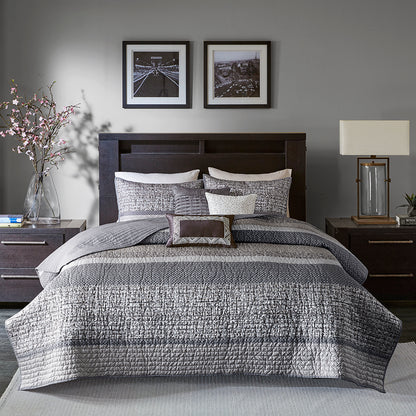 Rhapsody 6 Piece Reversible Jacquard Quilt Set with Throw Pillows - Grey/Taupe