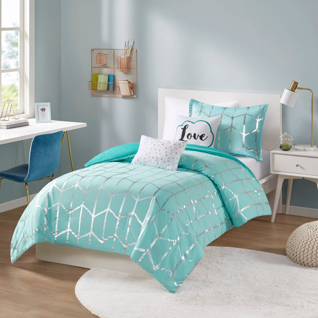 Raina Metallic Printed Comforter Set - Aqua/Silver