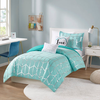 Raina Metallic Printed Comforter Set - Aqua/Silver
