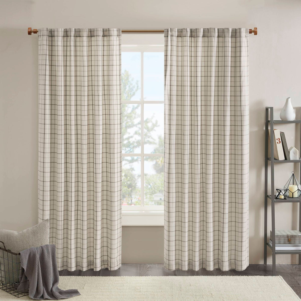 Anaheim Plaid Rod Pocket and Back Tab Curtain Panel with Fleece Lining - Natural