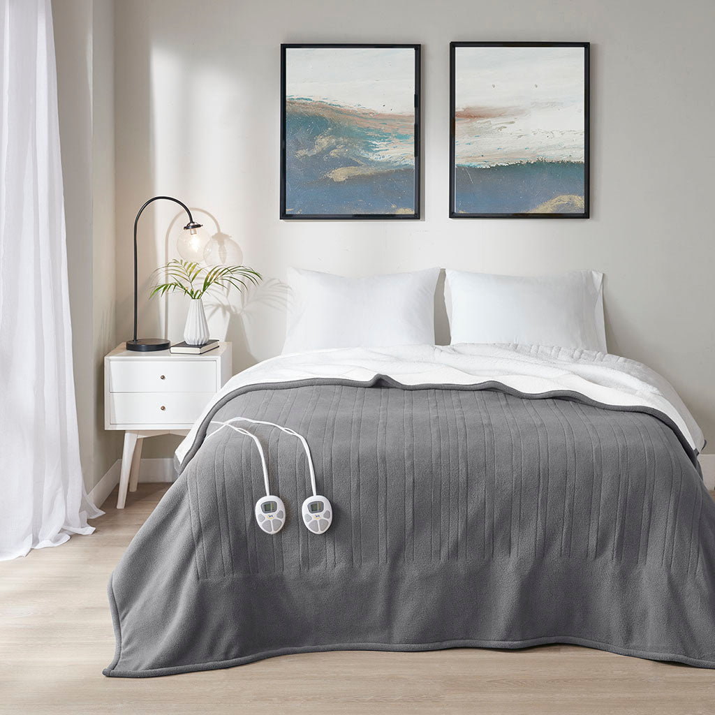 Fleece to Sherpa Heated Blanket - Dark Grey