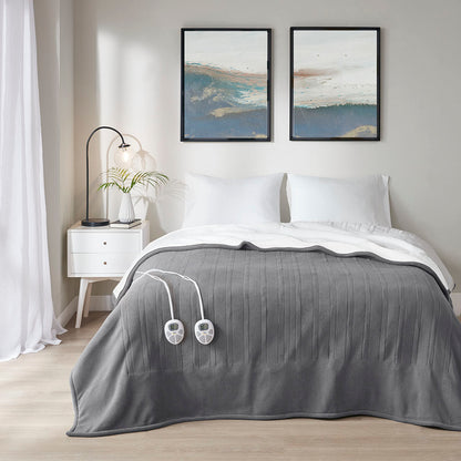 Fleece to Sherpa Heated Blanket - Dark Grey