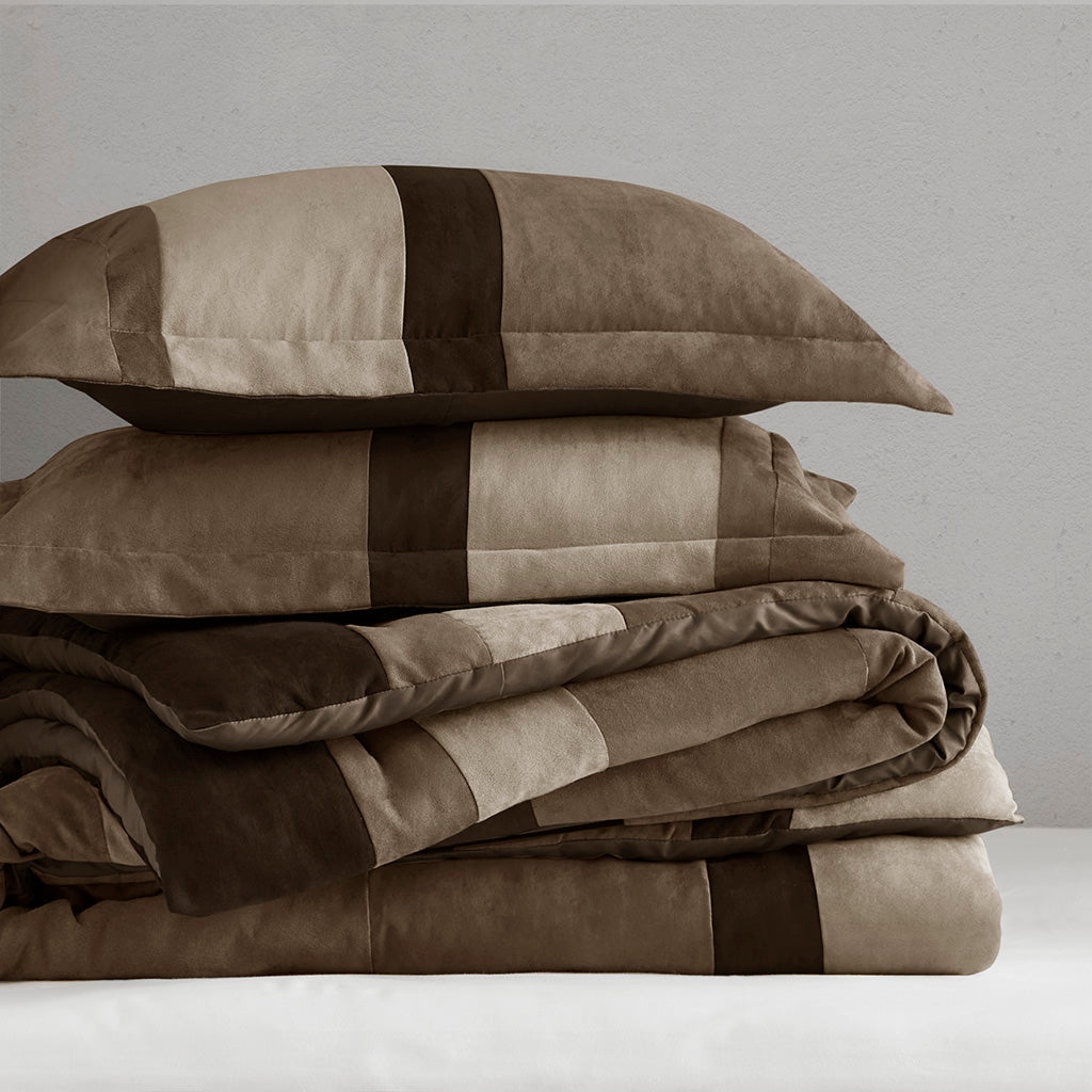 Highland Stripe Pieced Faux Suede Comforter Set - Brown