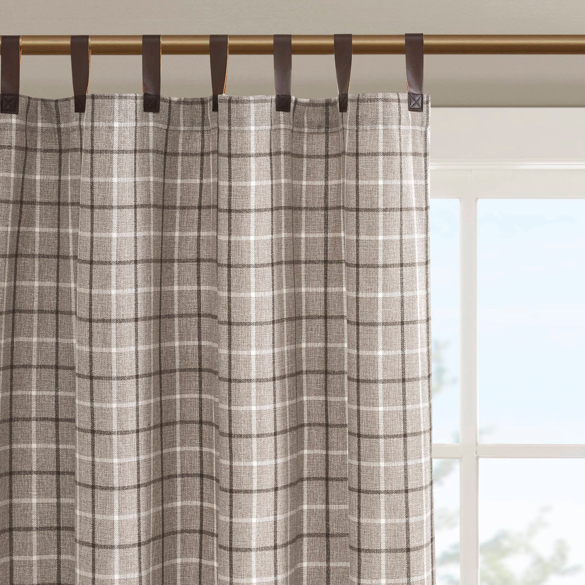 Anaheim Plaid Faux Leather Tab Top Curtain Panel with Fleece Lining - Brown