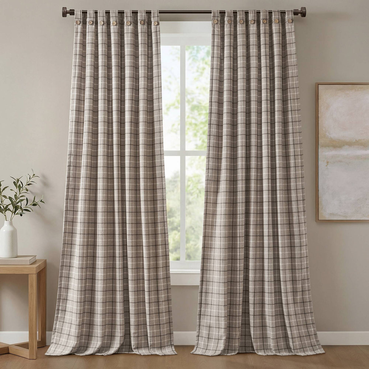 Anaheim Plaid Rod Pocket and Back Tab Curtain Panel with Fleece Lining - Brown