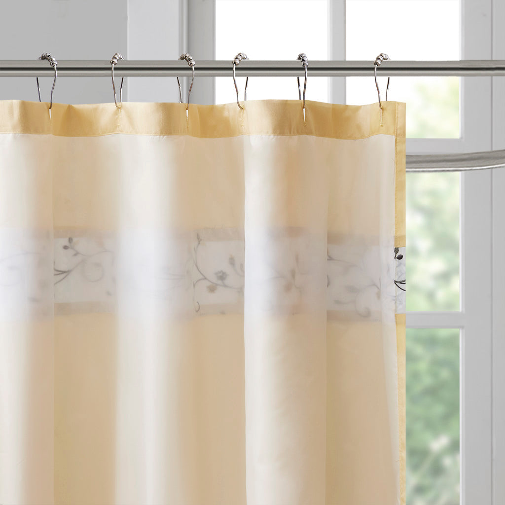 Serene Faux Silk Embroidered Floral Shower Curtain - Yellow