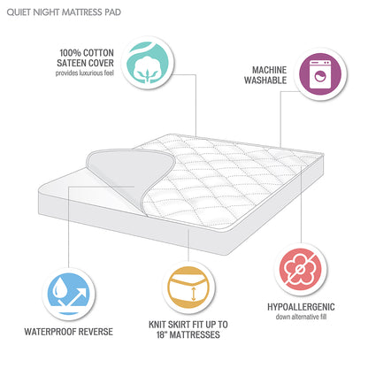 Quiet Nights 300 Thread Count Cotton Sateen Waterproof Mattress Pad - White