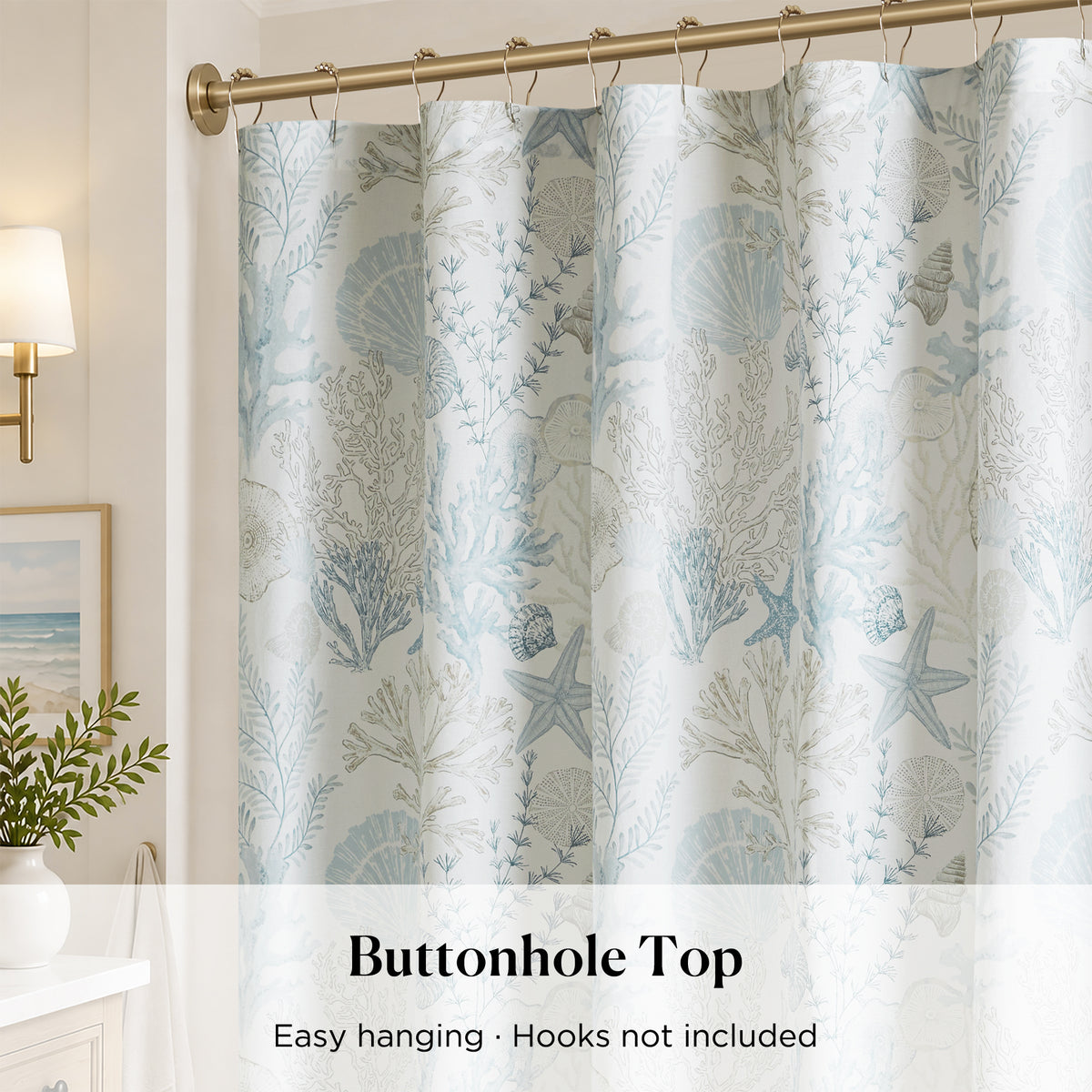 Sea Meadow Coastal Cotton Printed Shower Curtain - Blue