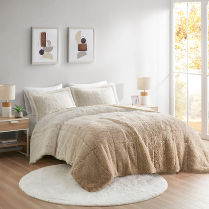 Brielle Ombre Shaggy Long Fur Comforter Mini Set - Natural