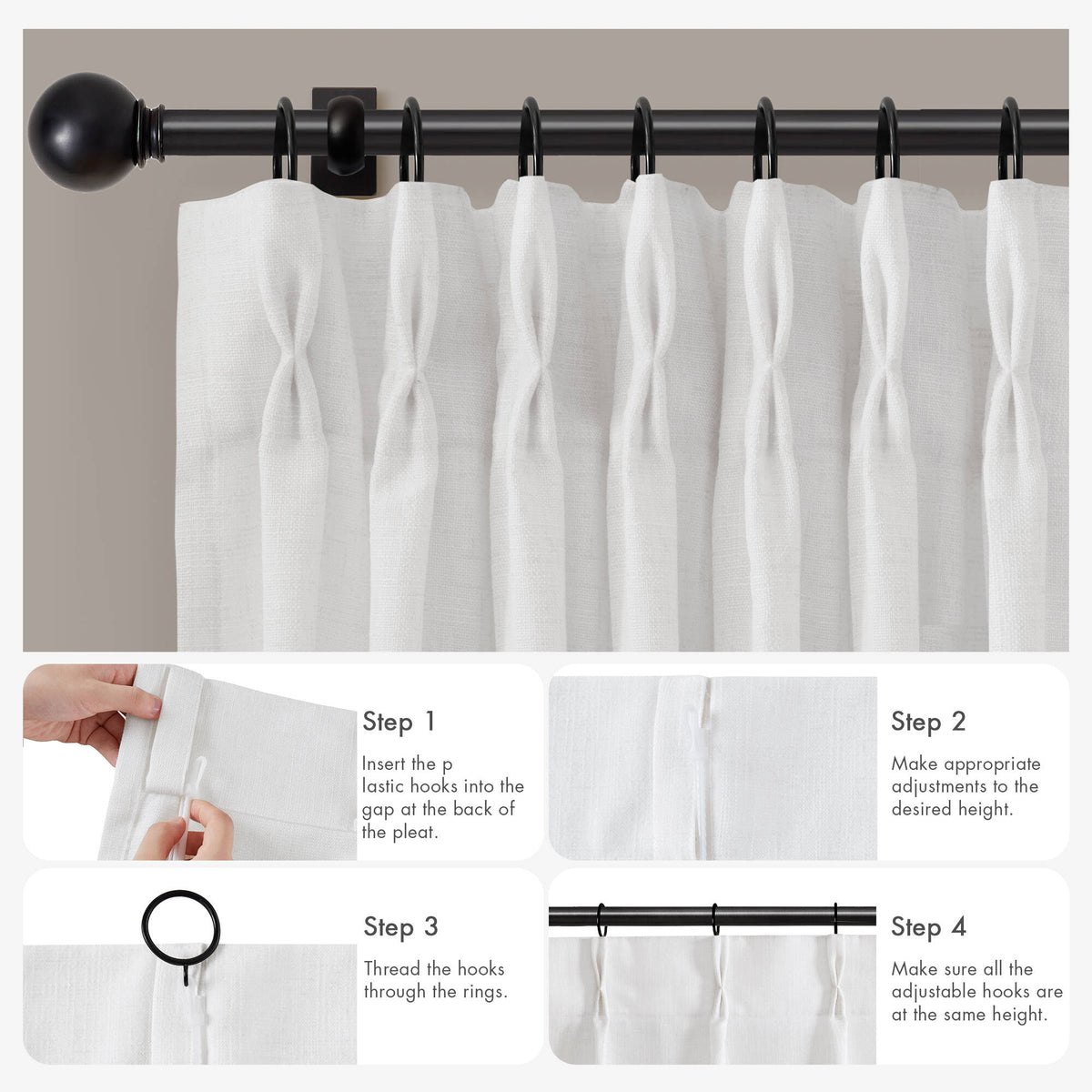 Emery 300gsm poly linen with 7 pinch pleat per pc - White