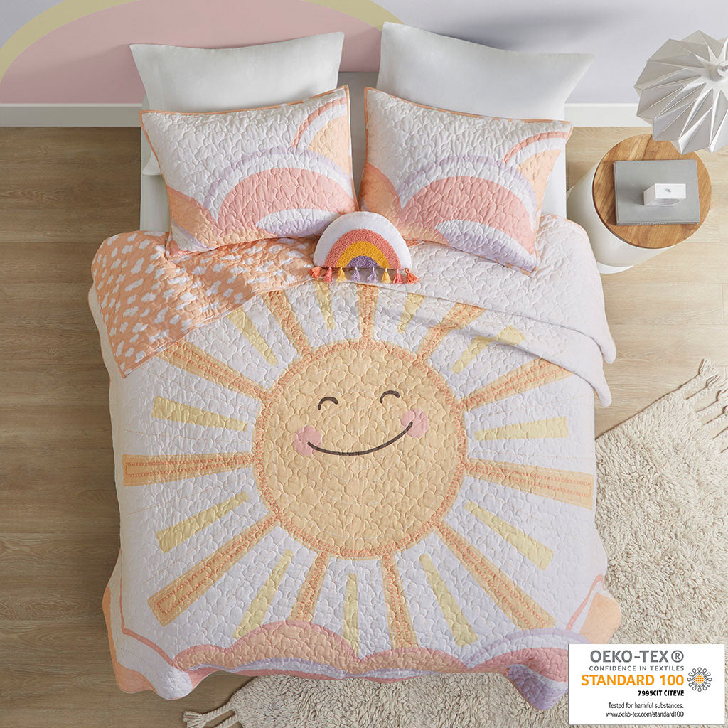 Dawn Reversible Sunshine Printed Cotton Quilt Set with Throw Pillow - Yellow/Coral