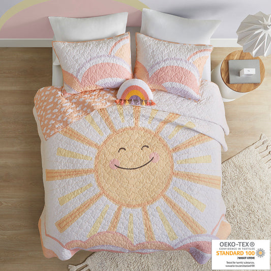 Dawn Reversible Sunshine Printed Cotton Quilt Set with Throw Pillow - Yellow/Coral