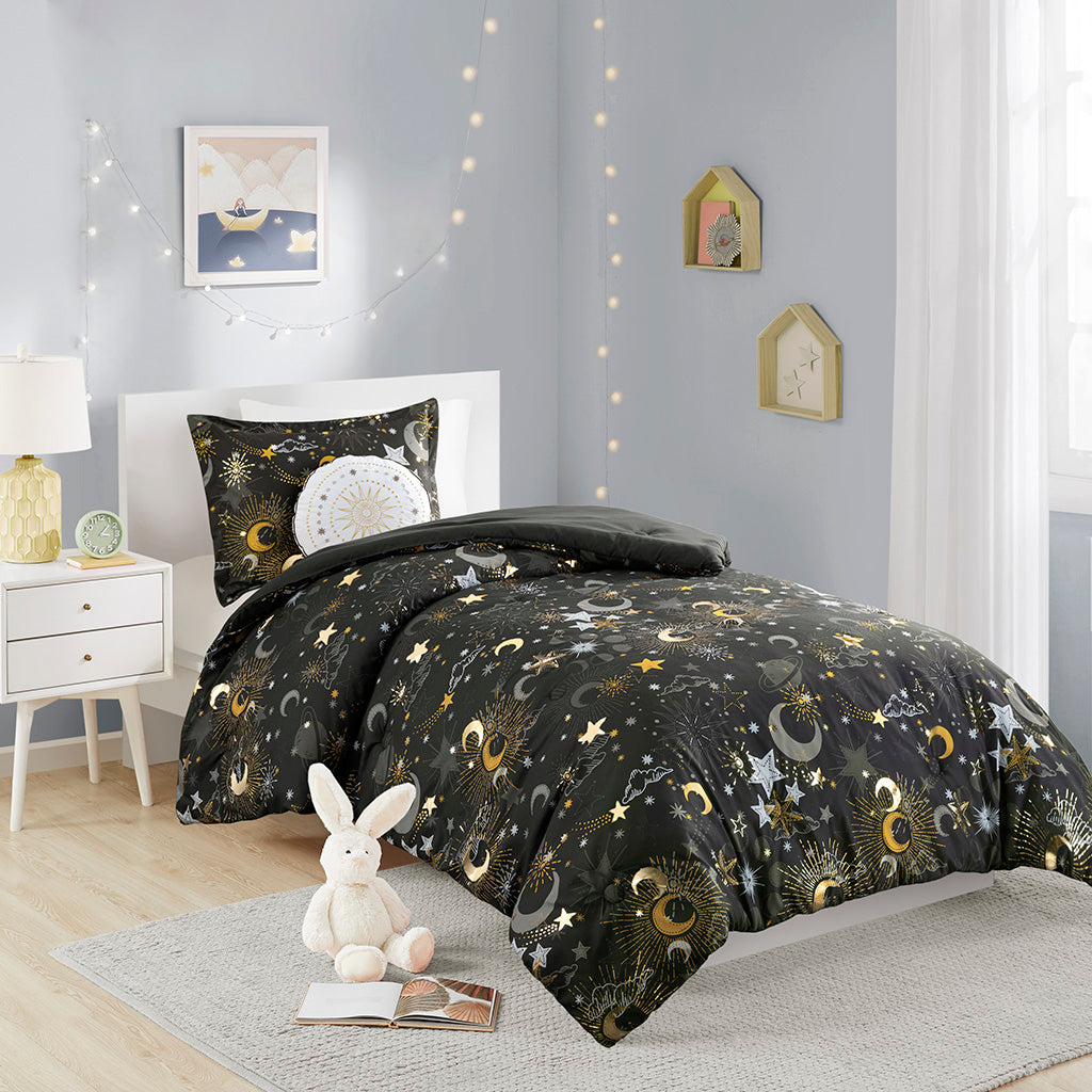 Celia Starry Sky Metallic Comforter Set with Throw Pillow - Charcoal/Gold