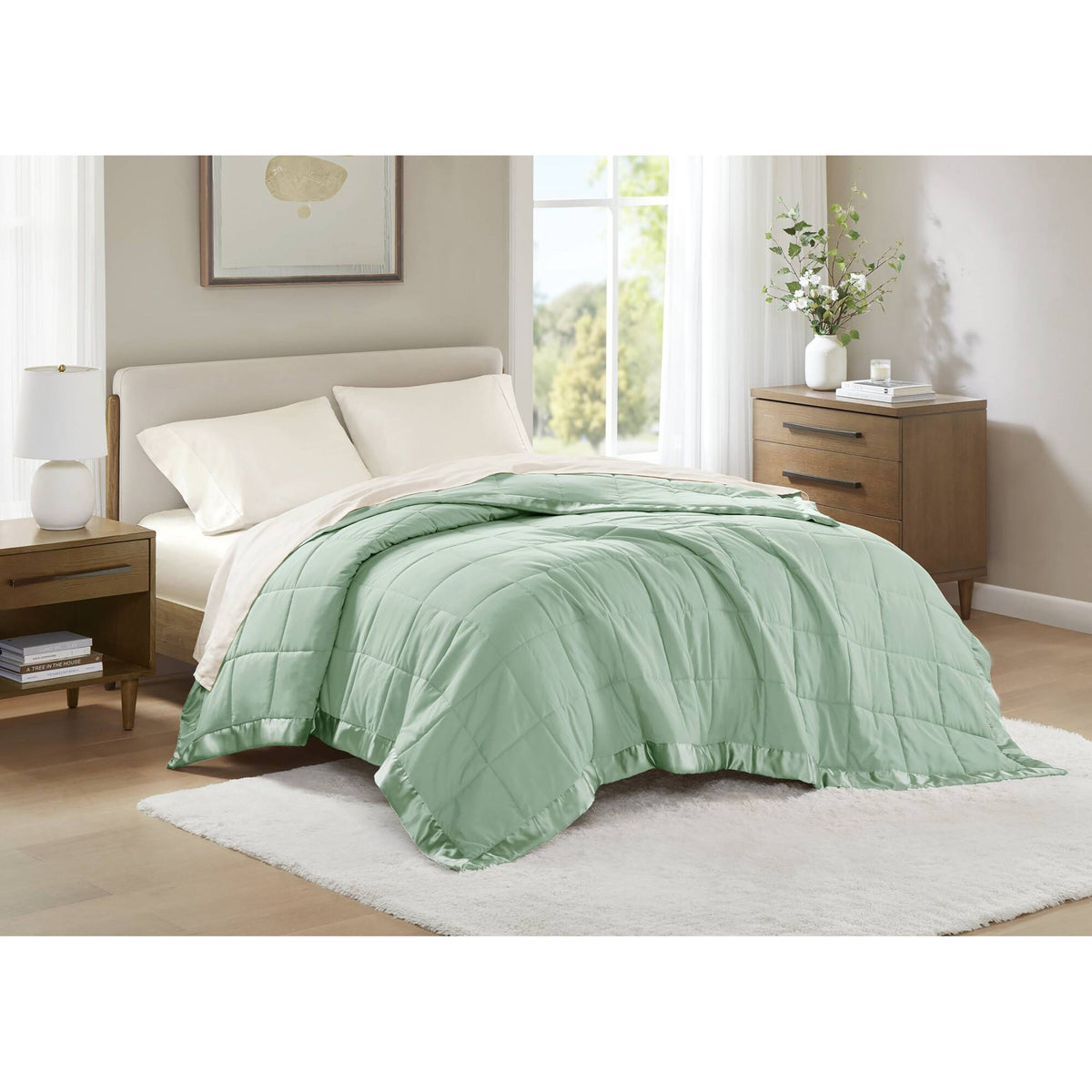 Windom Lightweight Down Alternative Blanket with Satin Trim - Seafoam