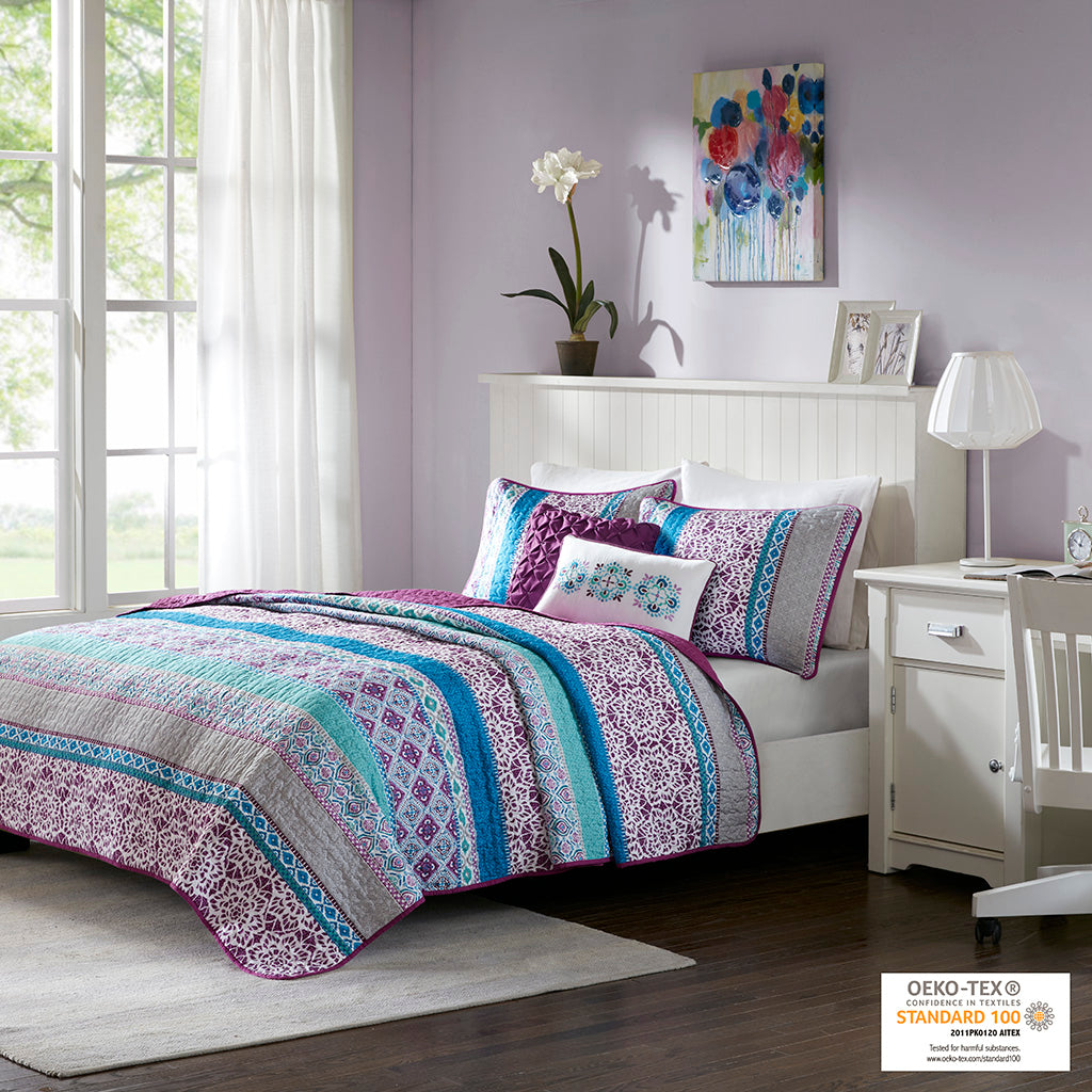 Joni Reversible Quilt Set with Throw Pillows - Purple