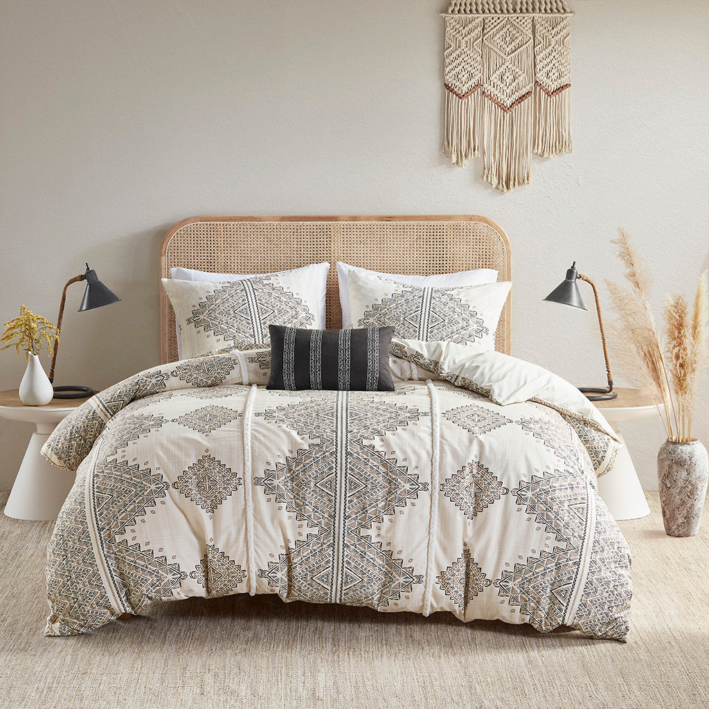Ibiza 4 Piece Printed Duvet Cover Set with Throw Pillow - Black/Ivory