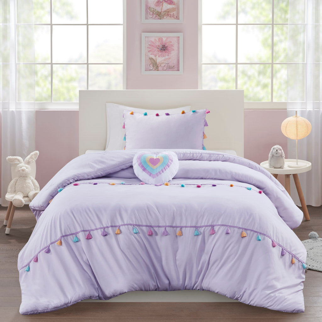 Tessa Tassel Comforter Set with Heart Shaped Throw Pillow - Lavender