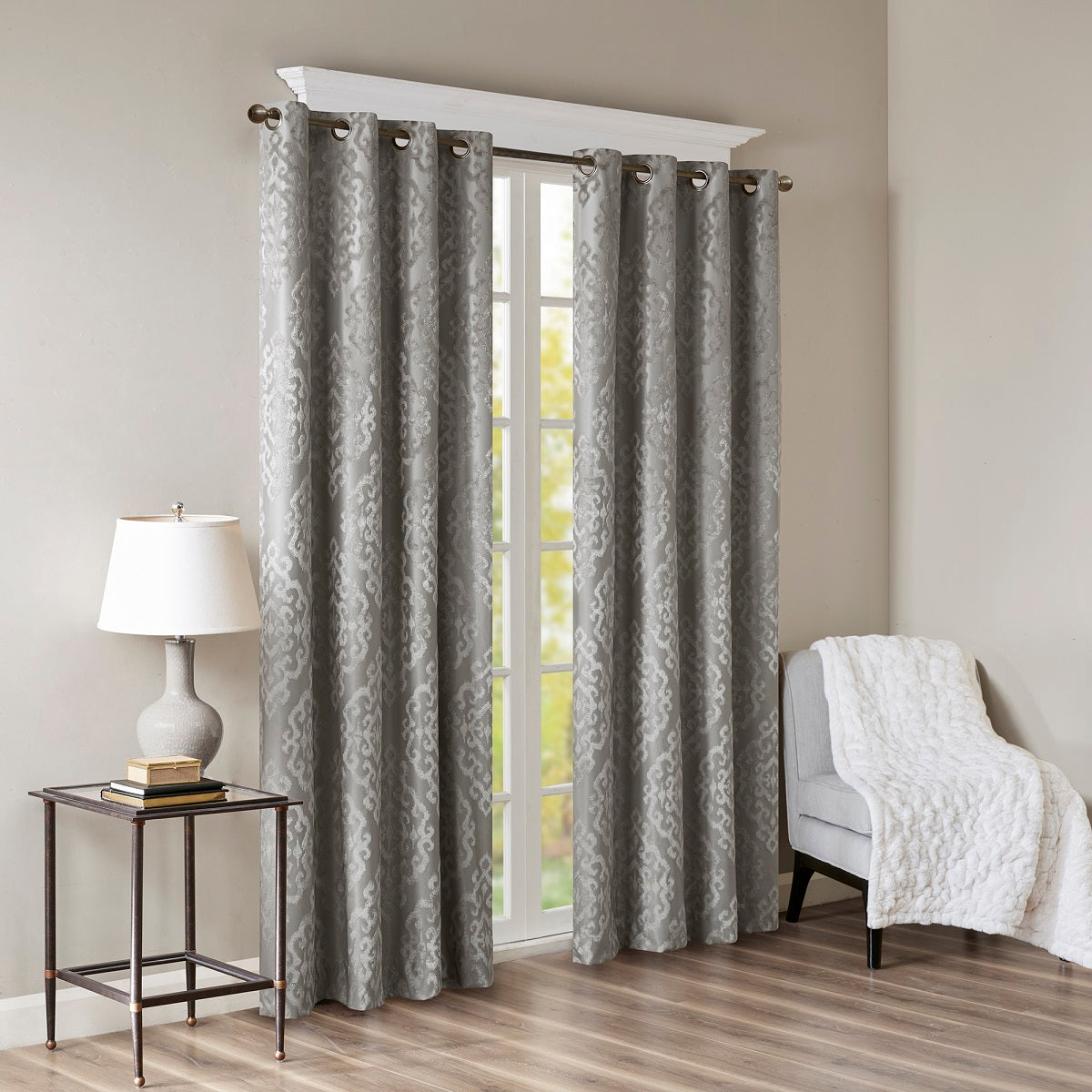Mirage Knitted Jacquard Damask Total Blackout Grommet Top Curtain Panel - Charcoal