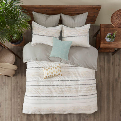 Nea Cotton Printed Comforter Set with Trims - Off White/Gray