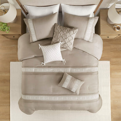 Lacey 7 Piece Lace Trim Comforter Set with Throw Pillows - Taupe