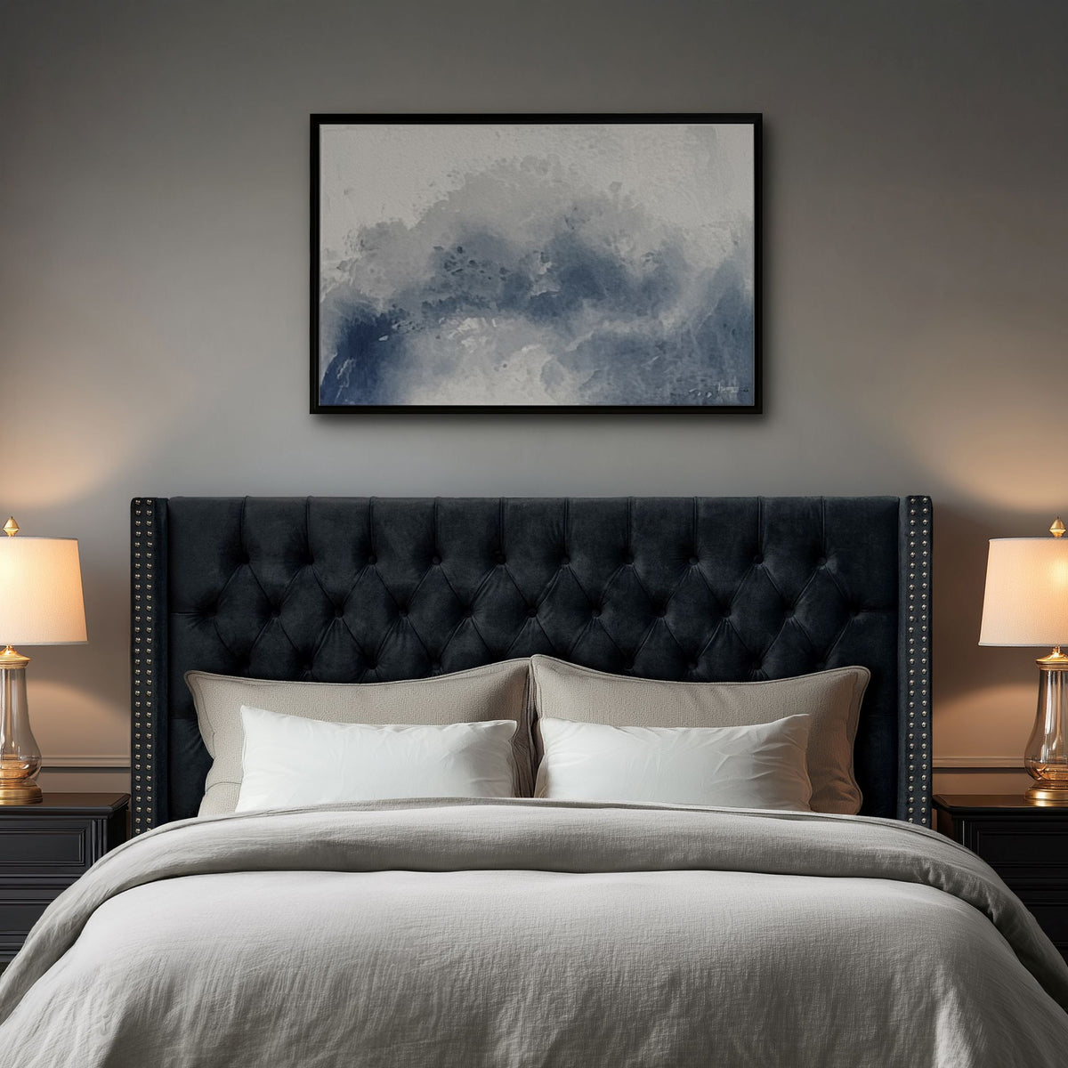 Amelia Upholstered Wingback Headboard with Button Tufting & Nailhead Trim - Black Velvet