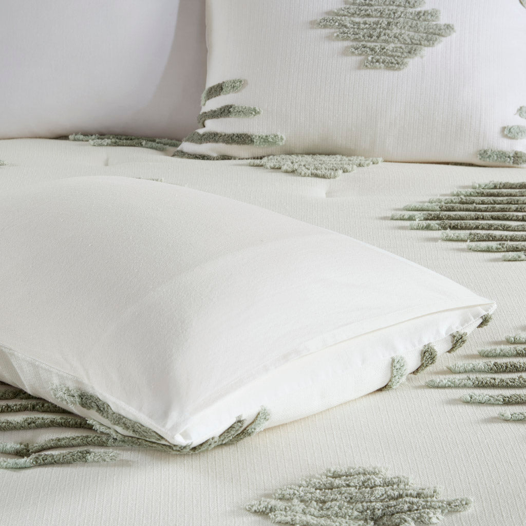 Tahli 3 Piece Cotton Blend Chenille Comforter Set - Green/Ivory